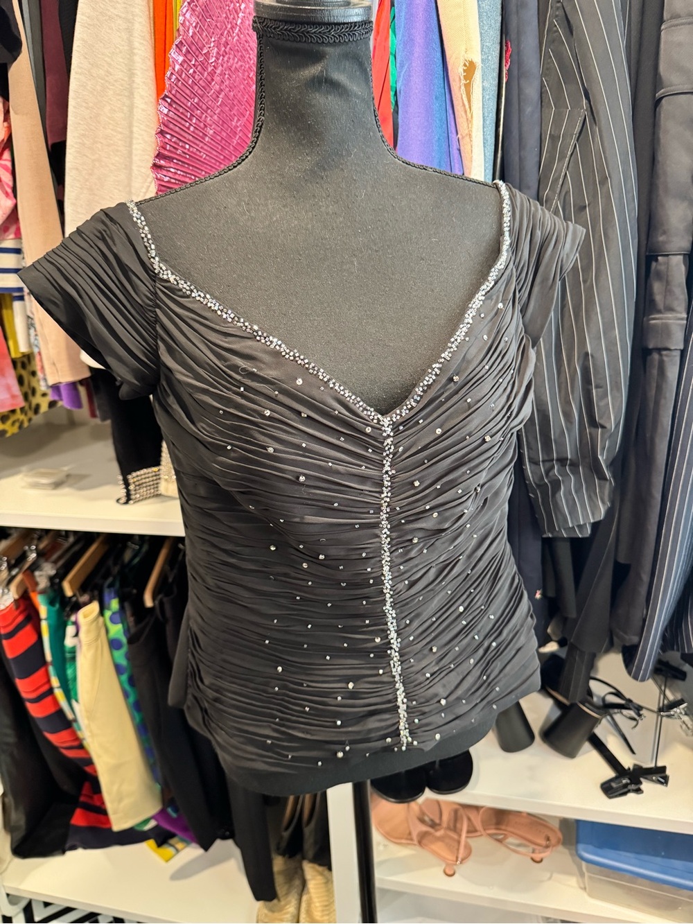 Vintage Lat 90s / Y2K Victor Costa Black Ruched Rhinestone Beaded Evening Top 12